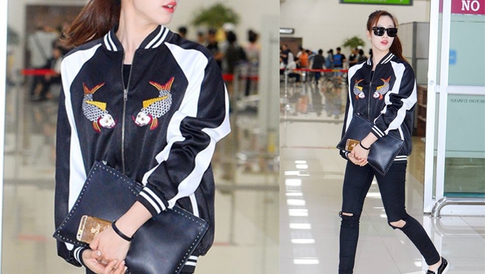 Giữa cả đống đồ hiệu, Eunjung đã diện jacket thêu hình cá chép Đông Hồ Việt Nam